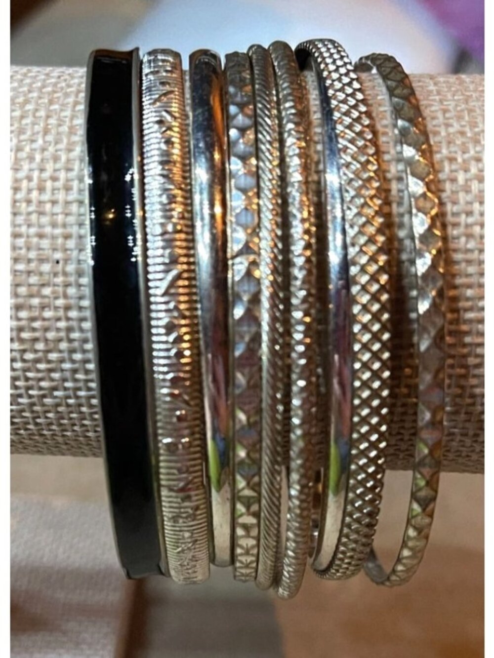 Vintage Silver & Black Textured Bangle Bracelet Stack